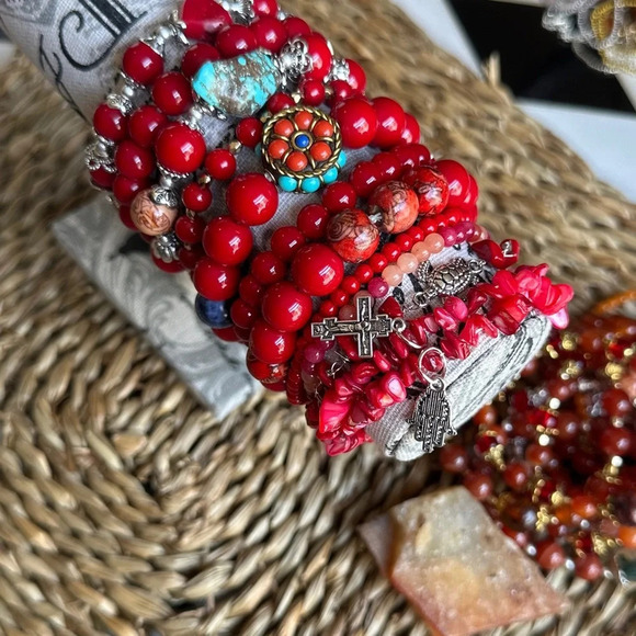 Sea glass Coral  beaded bracelet - Picture 2 of 6